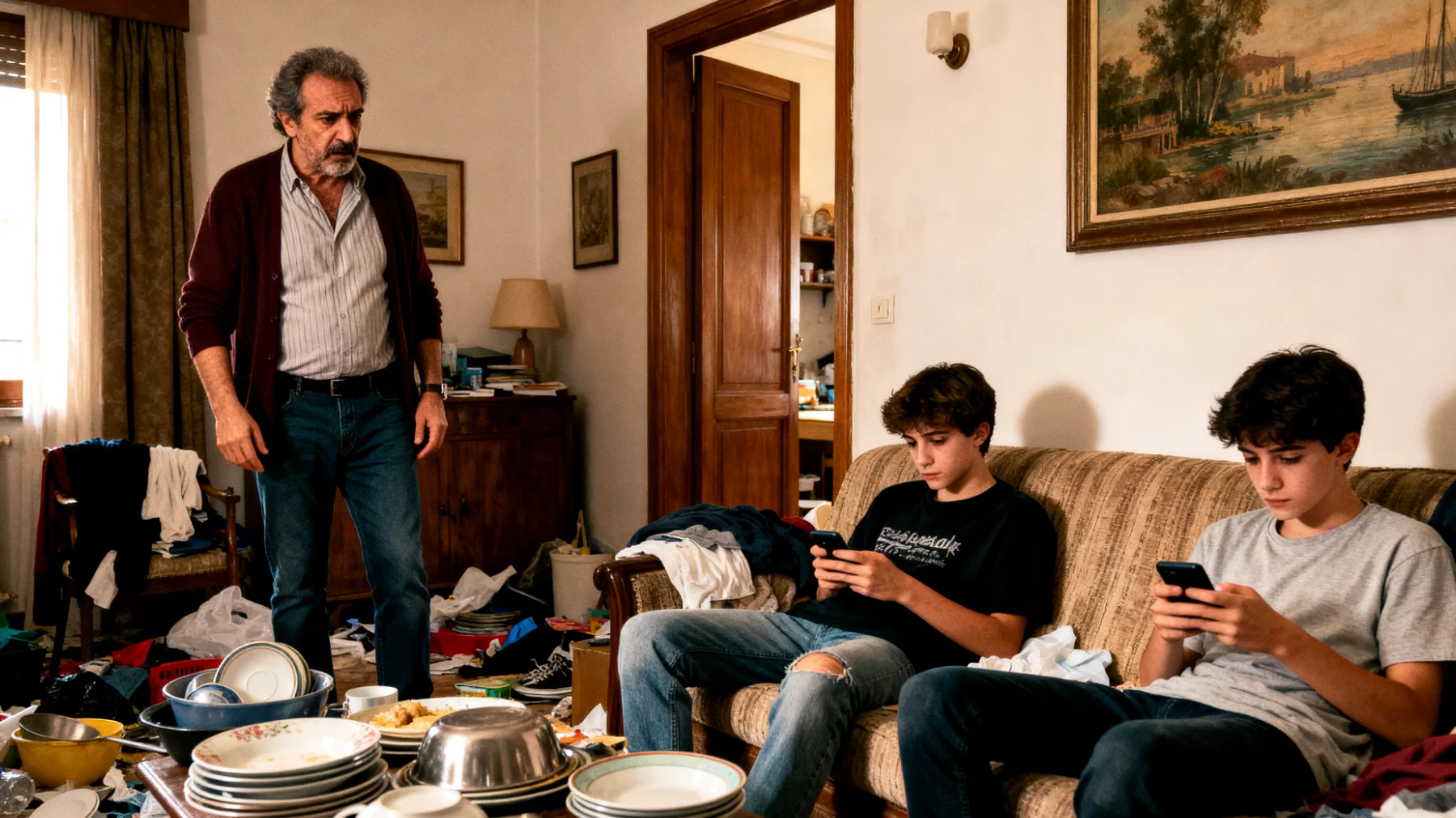 Papà con figli adolescenti che mostrano scarsa collaborazione nelle attività quotidiane domestiche, rifiutandosi di contribuire alle faccende di casa e ignorando le richieste di partecipazione alla vita familiare"