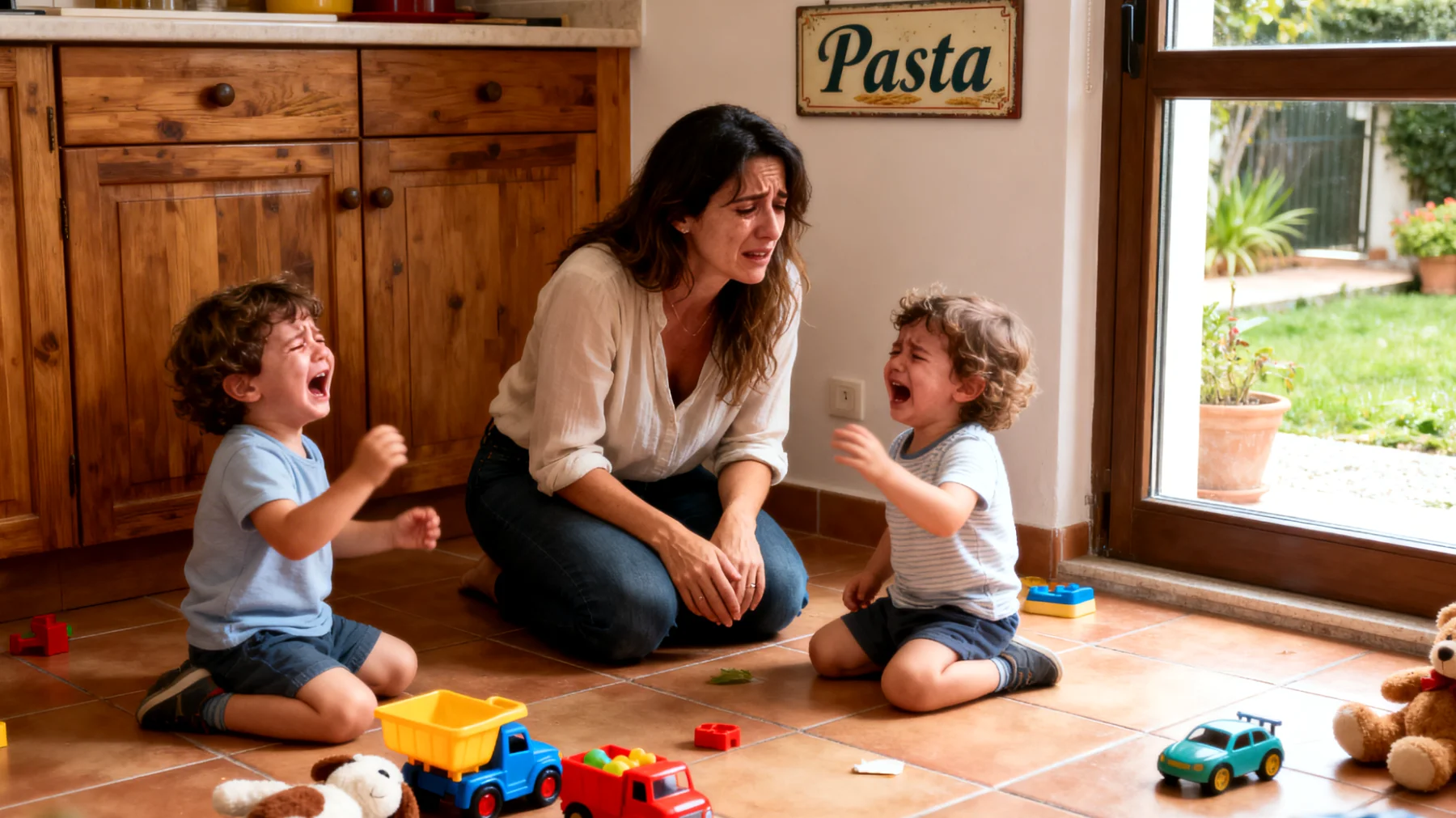 Una mamma che non riesce a dire 'no' ai propri bambini piccoli, cedendo continuamente alle loro richieste e capricci, generando confusione nei limiti educativi e senso di inadeguatezza nel proprio ruolo genitoriale"