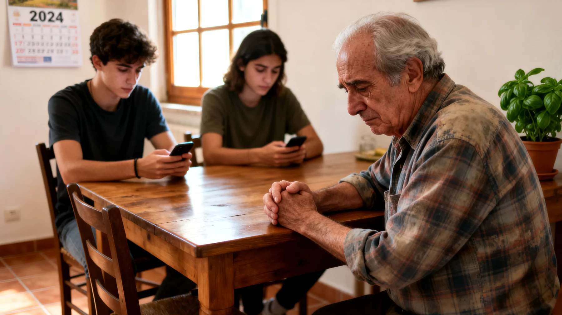 Il nonno fatica a comunicare efficacemente con i nipoti giovani adulti, che sembrano distanti e poco interessati al dialogo. Le conversazioni restano superficiali e il nonno non riesce a comprendere il loro mondo, creando un senso di estraneità reciproca."