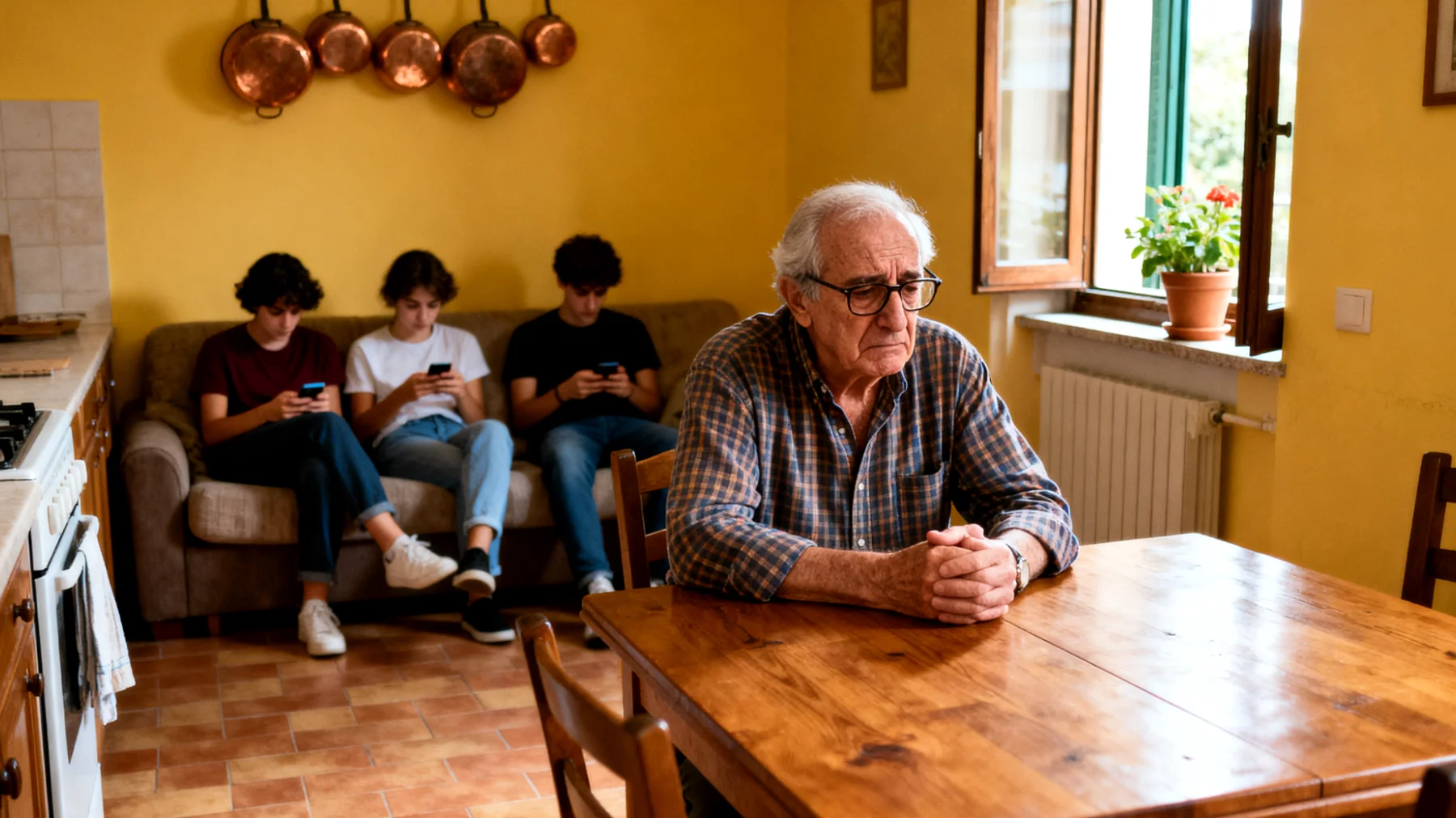 Nonno che si sente escluso e poco apprezzato perché i nipoti giovani adulti non collaborano nelle attività quotidiane quando vengono a trovarlo, restando passivi e aspettandosi di essere serviti senza offrire aiuto nelle faccende domestiche o nella gestione della casa"