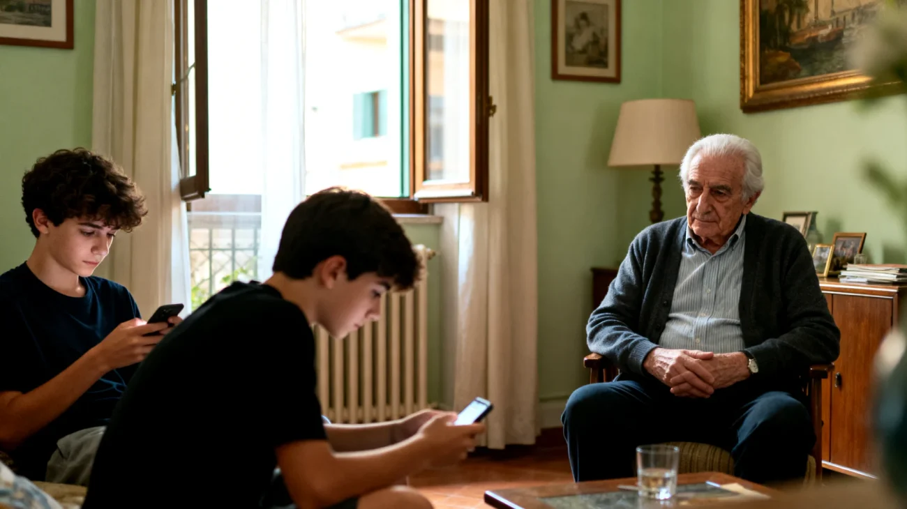 Il nonno fatica a comunicare con i nipoti adolescenti che sembrano distanti, rispondono a monosillabi e mostrano poco interesse nel dialogo, creando un senso di incomprensione e frustrazione reciproca"