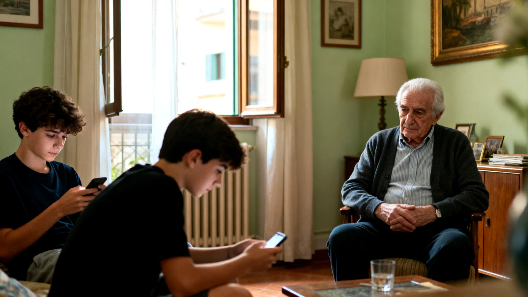 Il nonno fatica a comunicare con i nipoti adolescenti che sembrano distanti, rispondono a monosillabi e mostrano poco interesse nel dialogo, creando un senso di incomprensione e frustrazione reciproca"